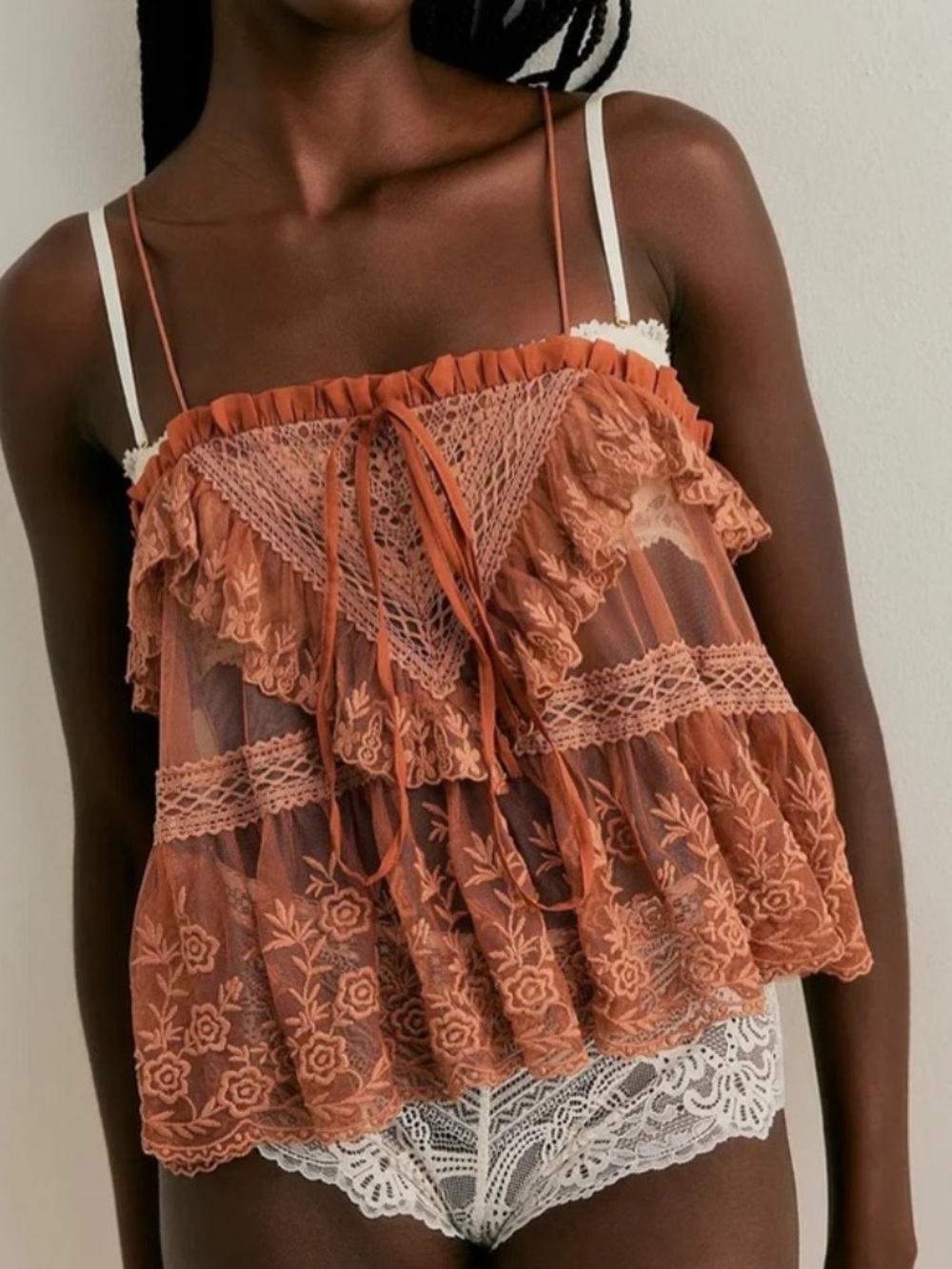 NWOT Free People Sofia Sheer Rust Lace Ruffle Cami Top
